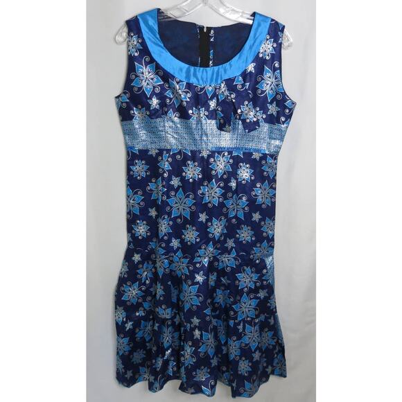 AFRICAN Handmade Ankara Dress Mid Length Sleeveless Floral Blue/Purple Ethnic - Picture 1 of 8